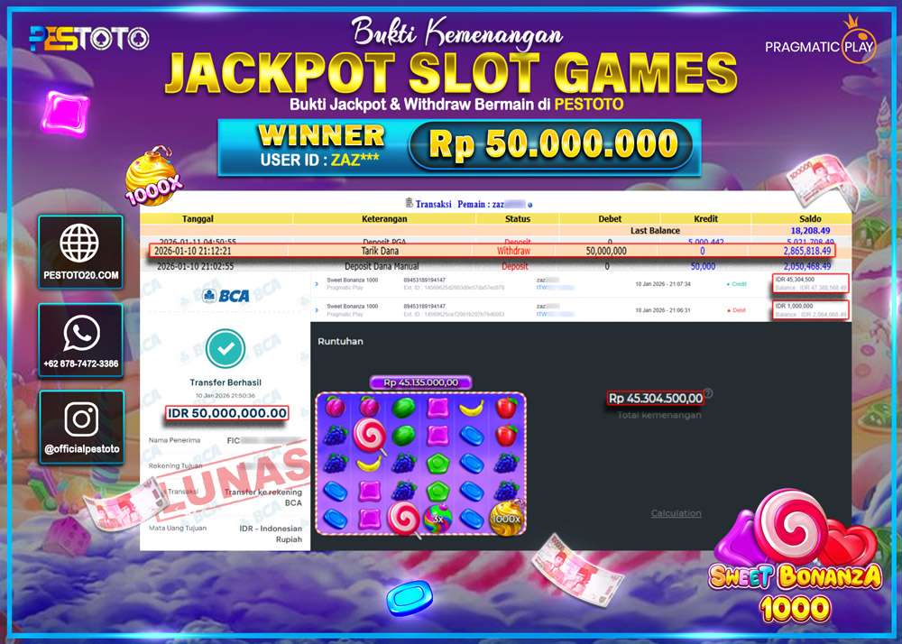 HANYA DI PESTOTO JP PASTI DI BAYAR LUNAS DAN CEPAT!! JP SLOT GAMES { SWEET BONANZA 1000 } Rp 50.000.000 !!!