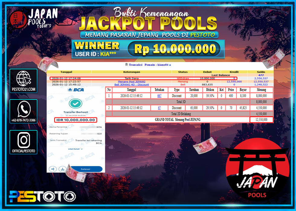 HANYA DI PESTOTO JP PASTI DI BAYAR LUNAS DAN CEPAT!! JP TOGEL { JEPANG POOLS } Rp 10.000.000 !!!