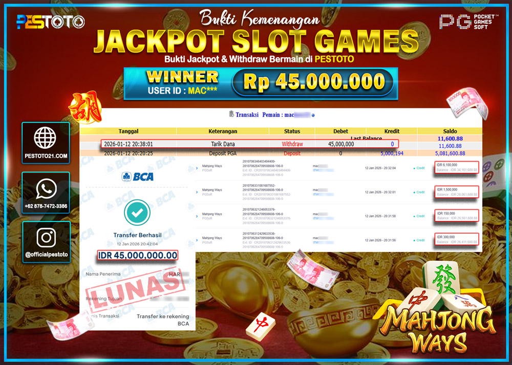 HANYA DI PESTOTO JP PASTI DI BAYAR LUNAS DAN CEPAT!! JP SLOT GAMES { MAHJONG WAYS } Rp 45.000.000 !!!
