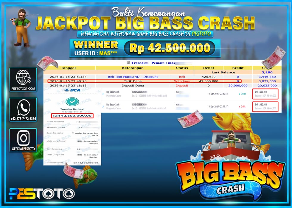 HANYA DI PESTOTO JP PASTI DI BAYAR LUNAS DAN CEPAT!! JP PRAGMATIC LIVE GAMES { BIG BASS CRASSH } Rp 42.500.000 !!!
