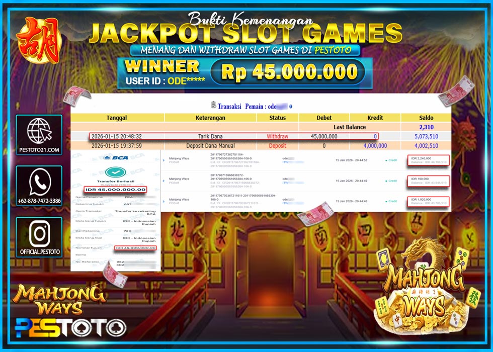 HANYA DI PESTOTO JP PASTI DI BAYAR LUNAS DAN CEPAT!! JP SLOT GAMES { MAHJONG WAYS } Rp 45.000.000 !!!
