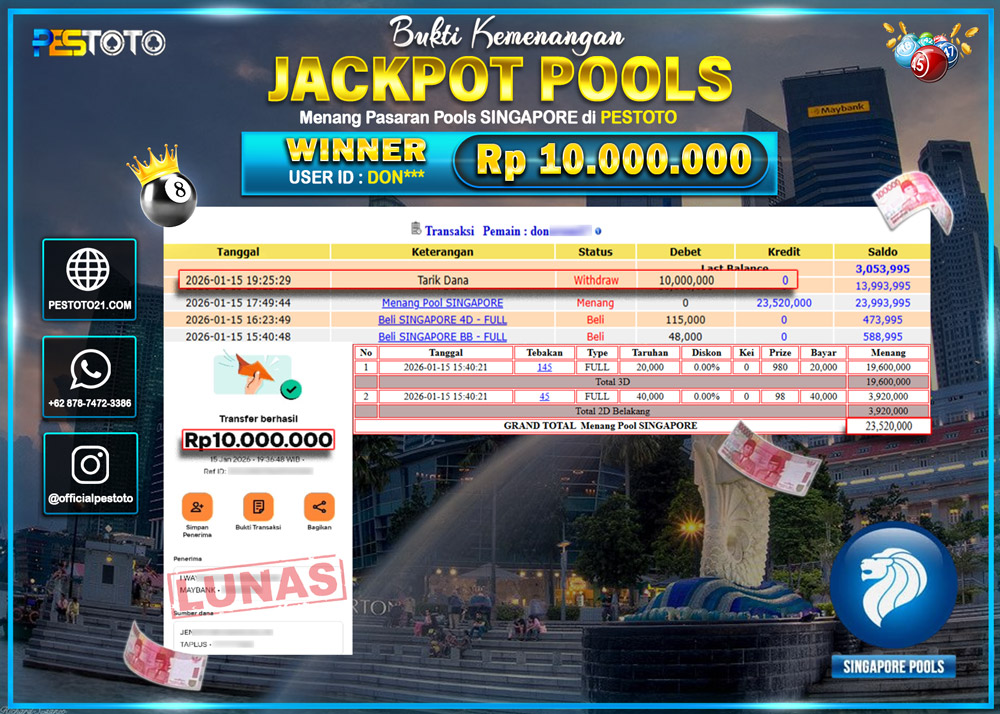 HANYA DI PESTOTO JP PASTI DI BAYAR LUNAS DAN CEPAT!! JP TOGEL { SINGAPORE POOLS } Rp 10.000.000 !!!