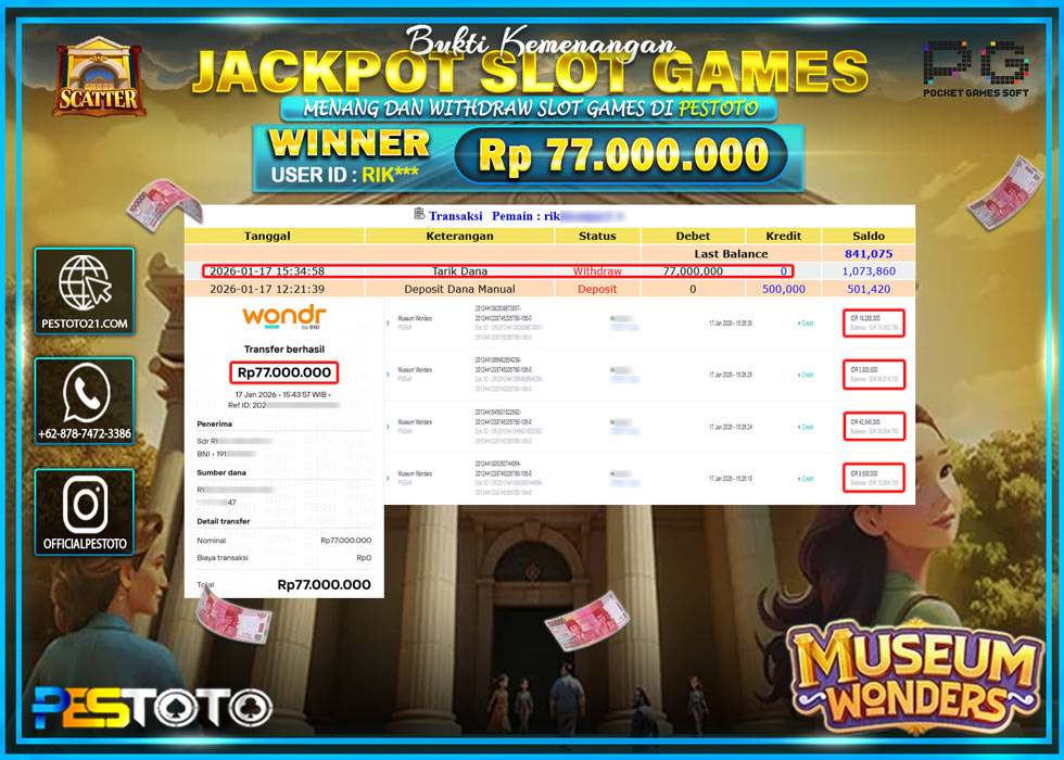 HANYA DI PESTOTO JP PASTI DI BAYAR LUNAS DAN CEPAT!! JP SLOT GAMES { MUSEUM WONDERS } Rp 77.000.000 !!!