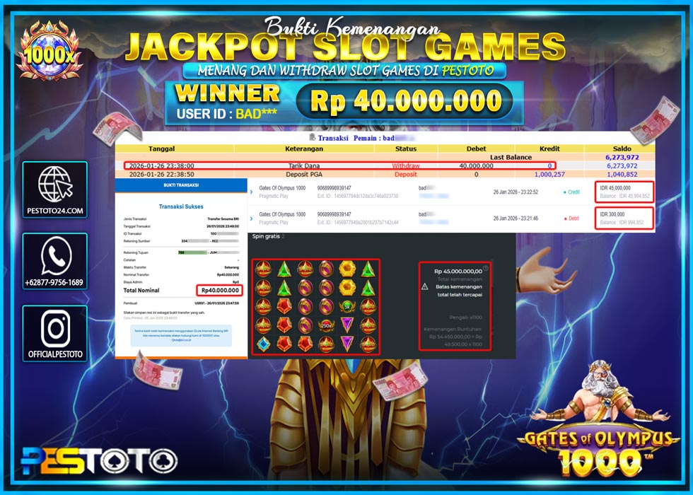 HANYA DI PESTOTO JP PASTI DI BAYAR LUNAS DAN CEPAT!! JP SLOT GAMES { GATES OF OLYMPUS 1000 } Rp 40.000.000 !!!