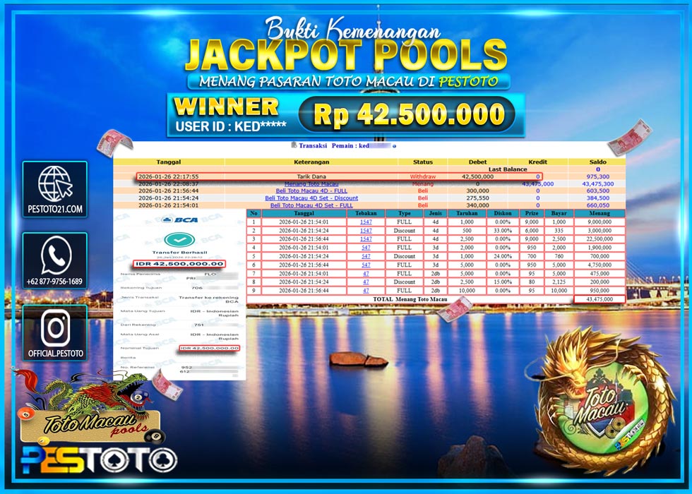 HANYA DI PESTOTO JP PASTI DI BAYAR LUNAS DAN CEPAT!! JP TOGEL { TOTO MACAU } Rp 42.5000.000 !!!