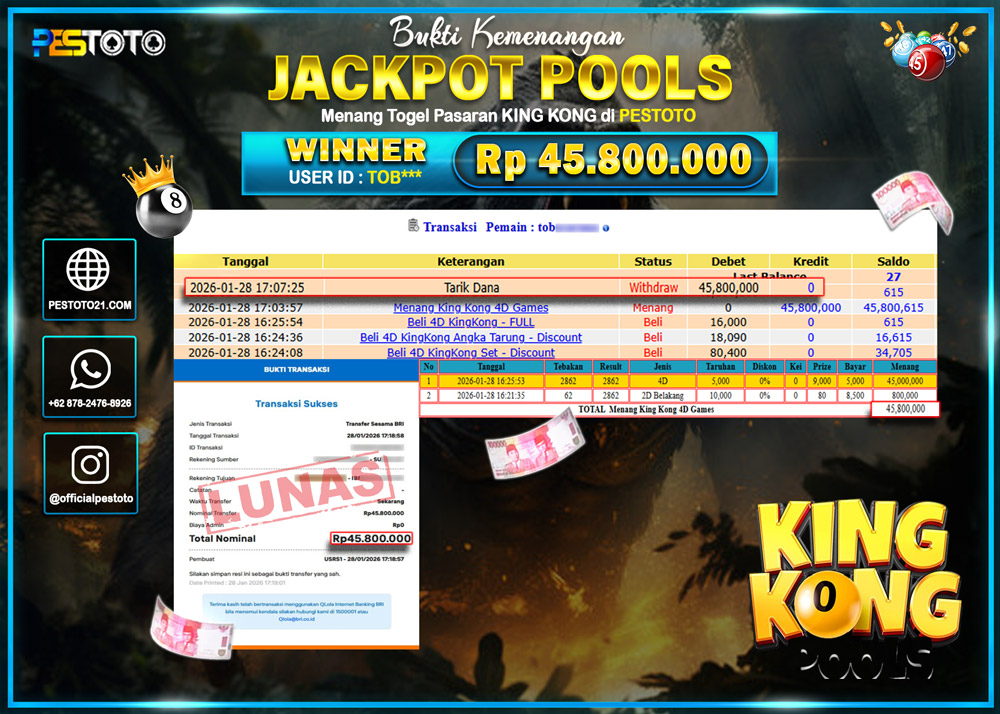 HANYA DI PESTOTO JP PASTI DI BAYAR LUNAS DAN CEPAT!! JP TOGEL { KING KONG 4D } Rp 45.800.000 !!!