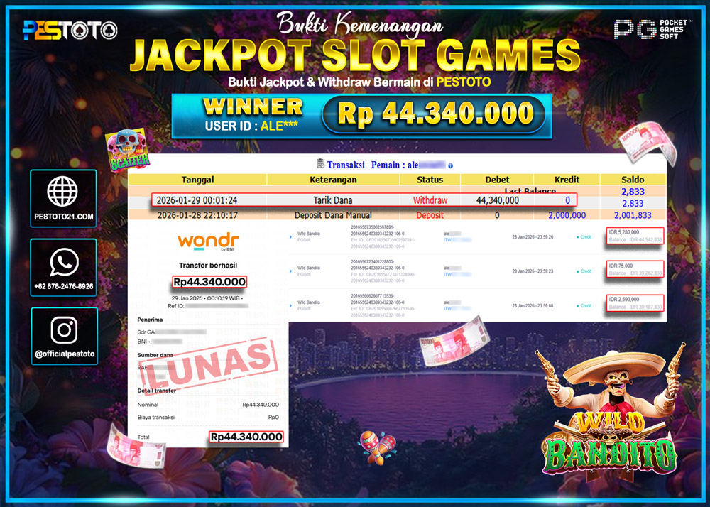 HANYA DI PESTOTO JP PASTI DI BAYAR LUNAS DAN CEPAT!! JP SLOT GAMES { WILD BANDITO } Rp 44.340.000 !!!
