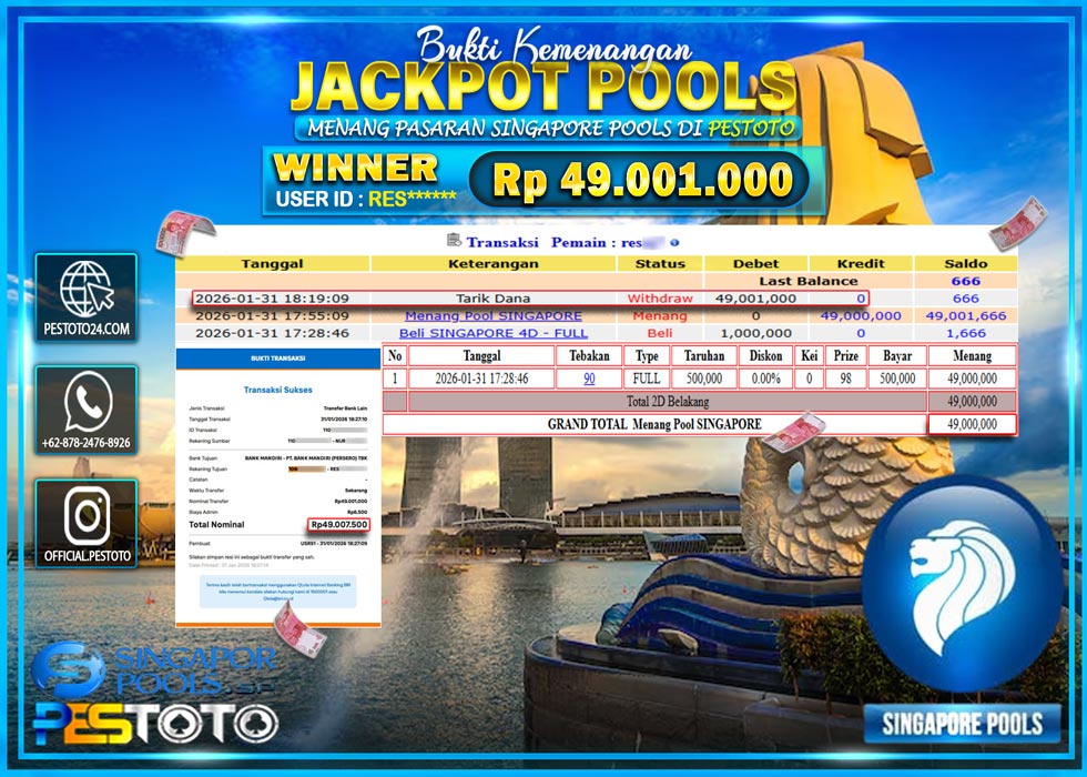 HANYA DI PESTOTO JP PASTI DI BAYAR LUNAS DAN CEPAT!! JP TOGEL { SINGAPORE POOLS } Rp 49,001.000 !!!