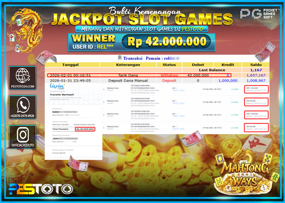 HANYA DI PESTOTO JP PASTI DI BAYAR LUNAS DAN CEPAT!! JP SLOT GAMES { MAHJONG WAYS } Rp 42,000.000 !!!