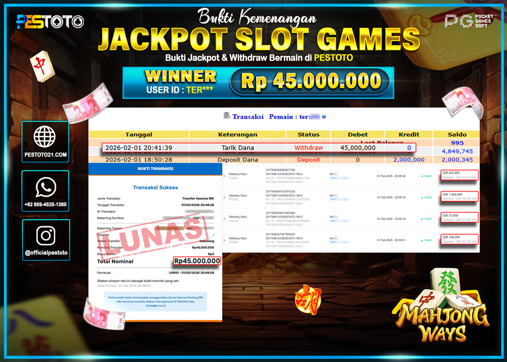 HANYA DI PESTOTO JP PASTI DI BAYAR LUNAS DAN CEPAT!! JP SLOT GAMES { MAHJONG WAYS } Rp 45,000.000 !!!