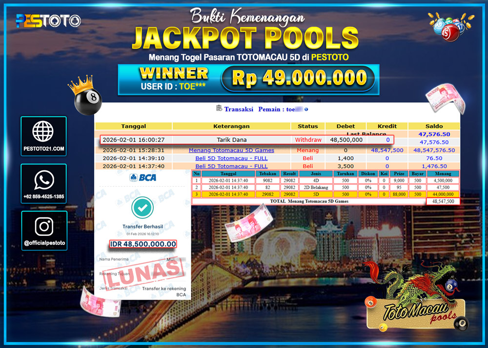 HANYA DI PESTOTO JP PASTI DI BAYAR LUNAS DAN CEPAT!! JP TOGEL { TOTOMACAU 5D GAMES } Rp 48,500.000 !!!