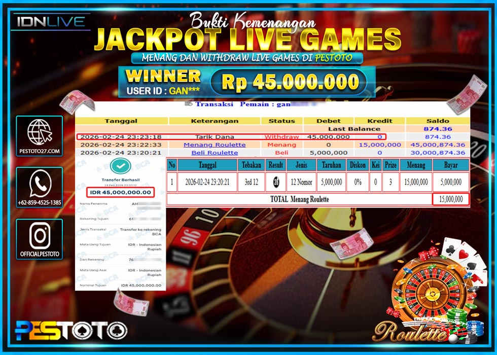 HANYA DI PESTOTO JP PASTI DI BAYAR LUNAS DAN CEPAT!! JP LIVE GAMES { ROULETTE }  Rp 45,000.000 !!!