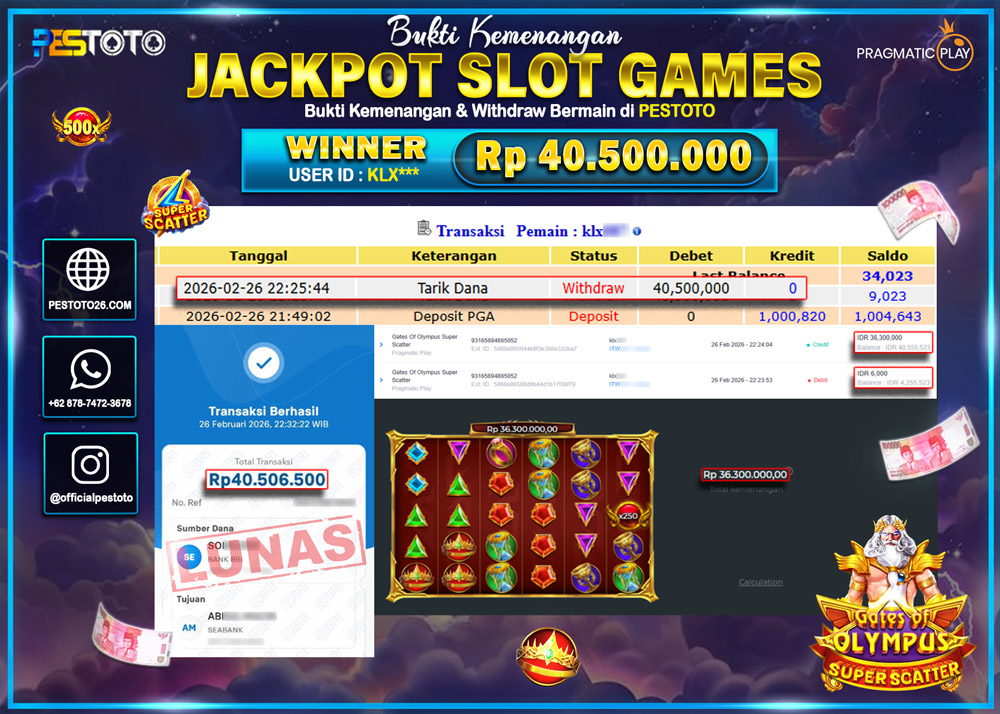HANYA DI PESTOTO JP PASTI DI BAYAR LUNAS DAN CEPAT!! JP SLOT GAMES {  GATES OF OLYMPUS SUPER SCATTER }  Rp 40,500.000 !!!