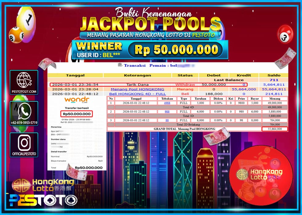 HANYA DI PESTOTO JP PASTI DI BAYAR LUNAS DAN CEPAT!! JP TOGEL {  HONGKONG LOTTO }  Rp 50,000.000 !!!