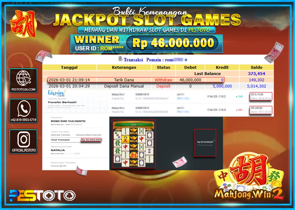 HANYA DI PESTOTO JP PASTI DI BAYAR LUNAS DAN CEPAT!! JP SLOT GAMES {  MAHJONG WINS 2  }  Rp 46,000.000 !!!