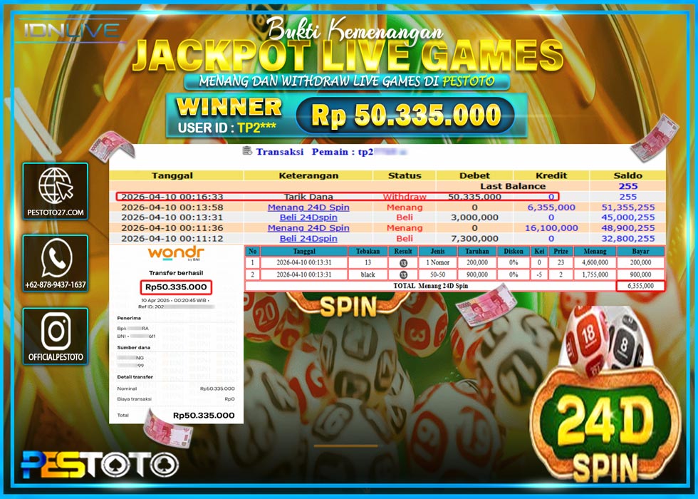 HANYA DI PESTOTO JP PASTI DI BAYAR LUNAS DAN CEPAT!! JP LIVE GAMES { 24D SPIN }  Rp 50.335.000 !!!