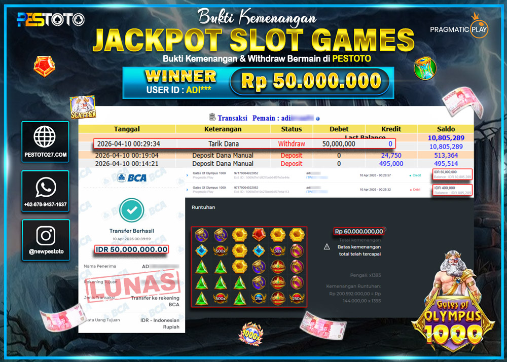 HANYA DI PESTOTO JP PASTI DI BAYAR LUNAS DAN CEPAT!! JP SLOT GAMES { GATES OF OLYMPUS 1000 }  Rp 50.000.000 !!!