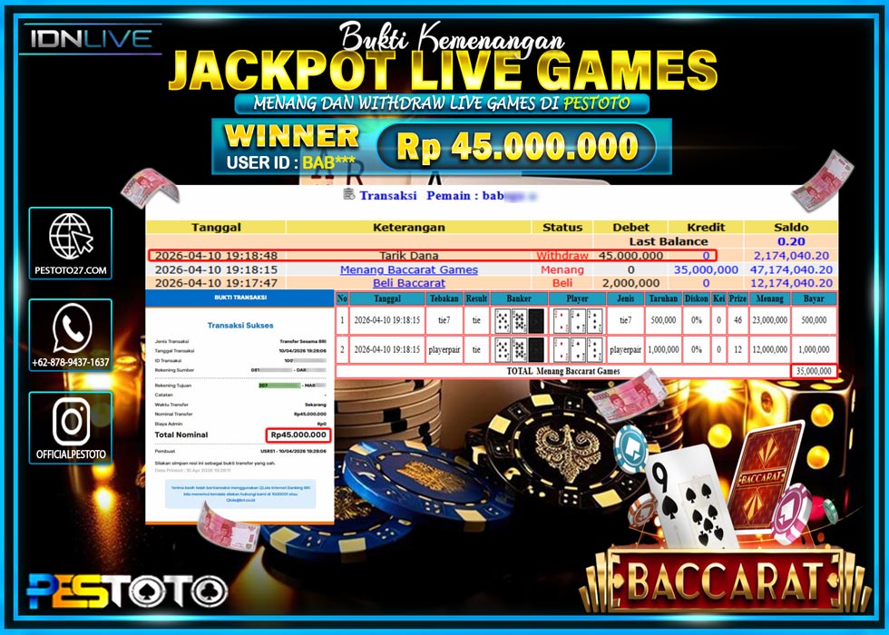 HANYA DI PESTOTO JP PASTI DI BAYAR LUNAS DAN CEPAT!! JP LIVE GAMES { BACCARAT }  Rp 45.000.000 !!!