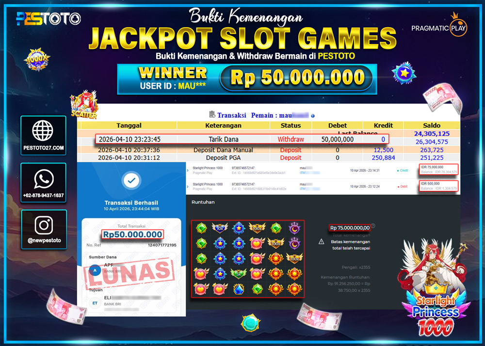 HANYA DI PESTOTO JP PASTI DI BAYAR LUNAS DAN CEPAT!! JP SLOT GAMES { STARLIGHT PRINCESS 1000 }  Rp 50.000.000 !!!