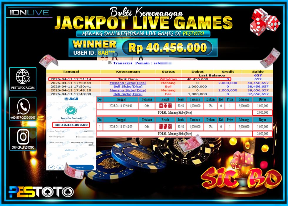 HANYA DI PESTOTO JP PASTI DI BAYAR LUNAS DAN CEPAT!! JP LIVE GAMES { SICBO DICE }  Rp 40.456.000 !!!