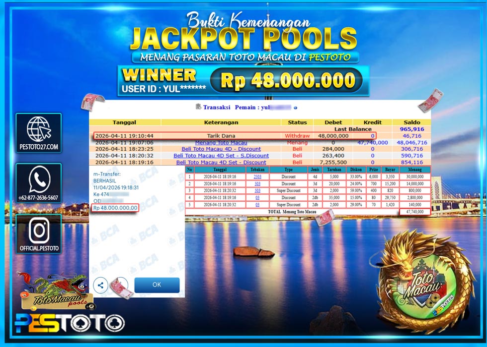 HANYA DI PESTOTO JP PASTI DI BAYAR LUNAS DAN CEPAT!! JP TOGEL { TOTO MACAU 4D }  Rp 48.000.000 !!!
