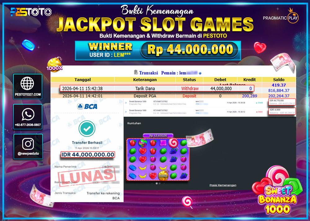 HANYA DI PESTOTO JP PASTI DI BAYAR LUNAS DAN CEPAT!! JP SLOT GAMES { SWEET BONANZA 1000 }  Rp 44.000.000 !!!