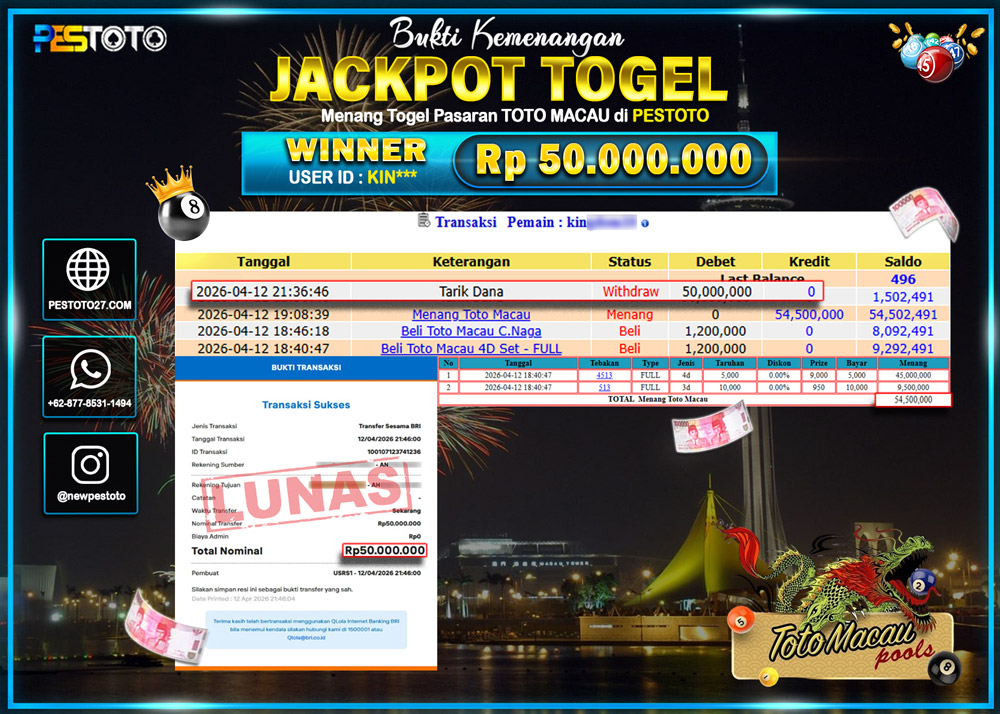 HANYA DI PESTOTO JP PASTI DI BAYAR LUNAS DAN CEPAT!! JP TOGEL { TOTOMACAU 4D }  Rp 50.000.000 !!!