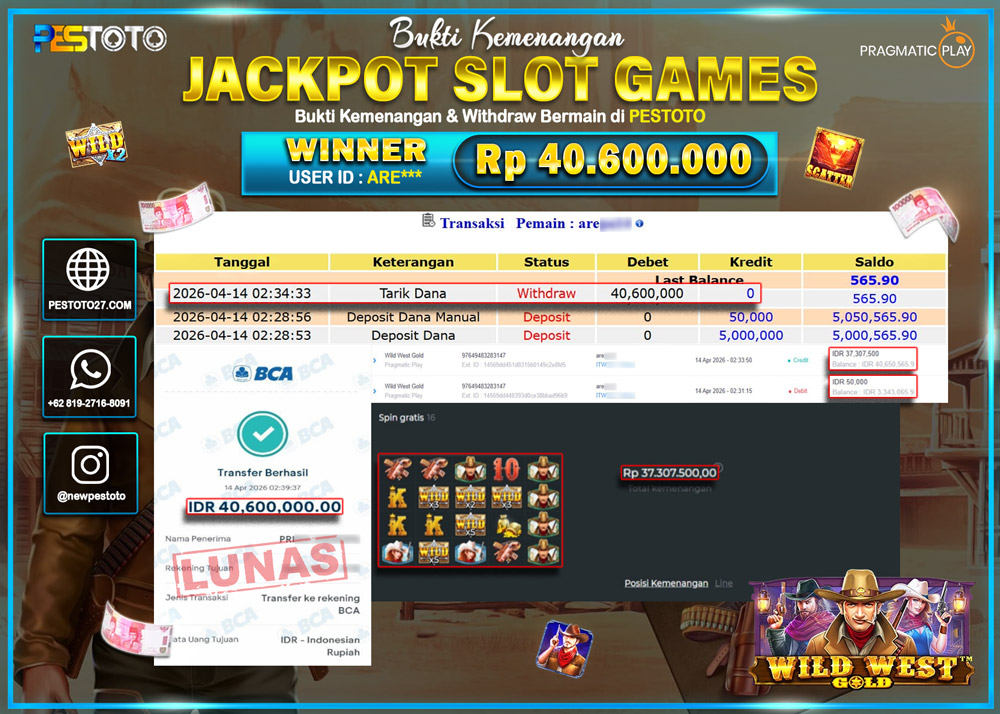 HANYA DI PESTOTO JP PASTI DI BAYAR LUNAS DAN CEPAT!! JP SLOT GAMES { WILD WEST GOLD }  Rp 40.600.000 !!!