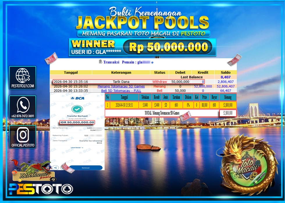 HANYA DI PESTOTO JP PASTI DI BAYAR LUNAS DAN CEPAT!! JP TOGEL { TOTO MACAU 5D }  Rp 50.000.000 !!!