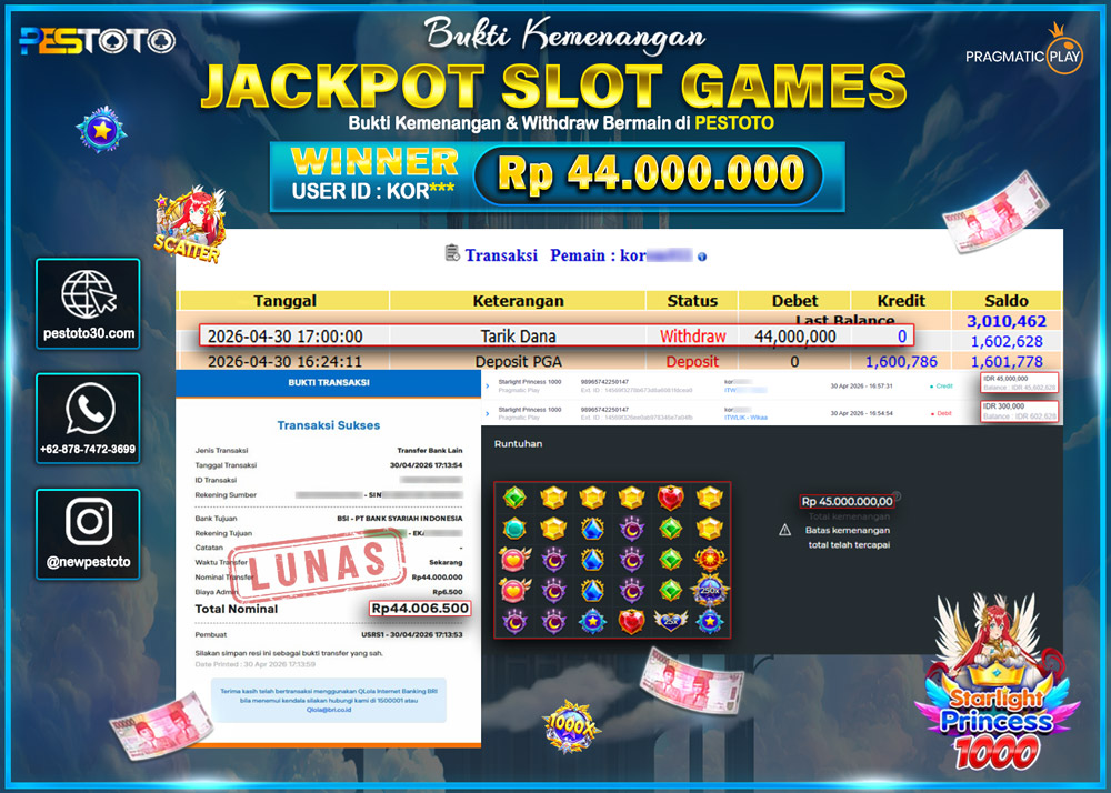HANYA DI PESTOTO JP PASTI DI BAYAR LUNAS DAN CEPAT!! JP SLOT GAMES { STARLIGHT PRINCESS 1000 }  Rp 44.000.000 !!!