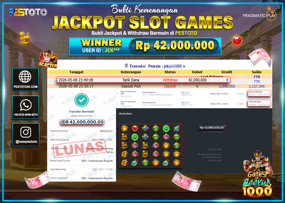 HANYA DI PESTOTO JP PASTI DI BAYAR LUNAS DAN CEPAT!! JP SLOT GAMES { GATES OF GATOT KACA 1000 }  Rp 42.000.000 !!!