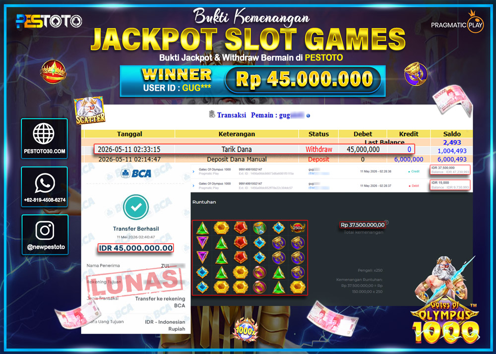 HANYA DI PESTOTO JP PASTI DI BAYAR LUNAS DAN CEPAT!! JP SLOT GAMES { GATES OF OLYMPUS 1000 }  Rp 45.000.000 !!!