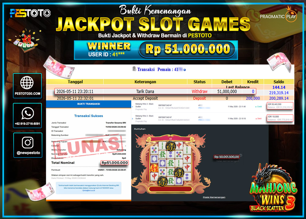 HANYA DI PESTOTO JP PASTI DI BAYAR LUNAS DAN CEPAT!! JP SLOT GAMES { MAHJONG WINS 3 BLACK SCATTER }  Rp 51.000.000 !!!