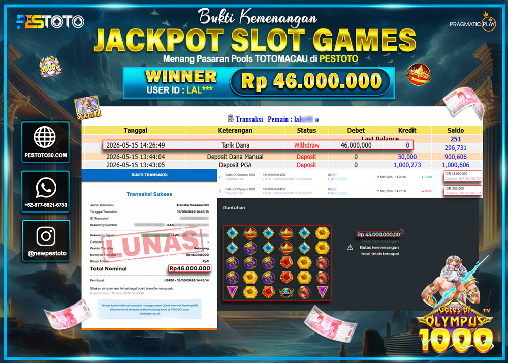 HANYA DI PESTOTO JP PASTI DI BAYAR LUNAS DAN CEPAT!! JP SLOT GAMES {  GATES OF OLYMPUS 1000 }  Rp 46.000.000 !!!
