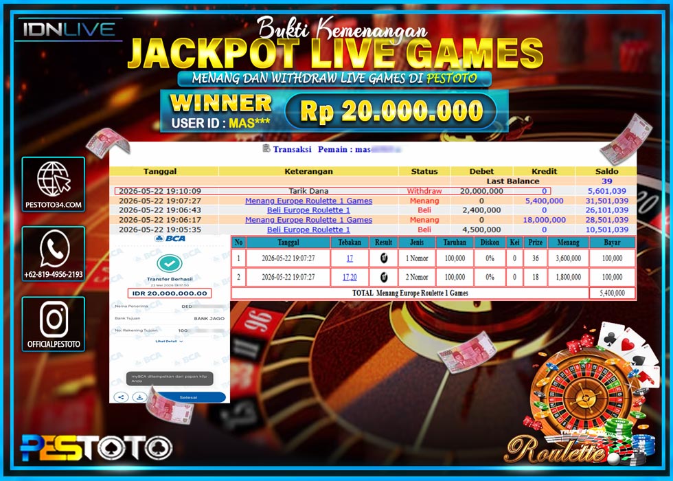 HANYA DI PESTOTO JP PASTI DI BAYAR LUNAS DAN CEPAT!! JP LIVE GAMES {  ROULETTE }  Rp 20.000.000 !!!