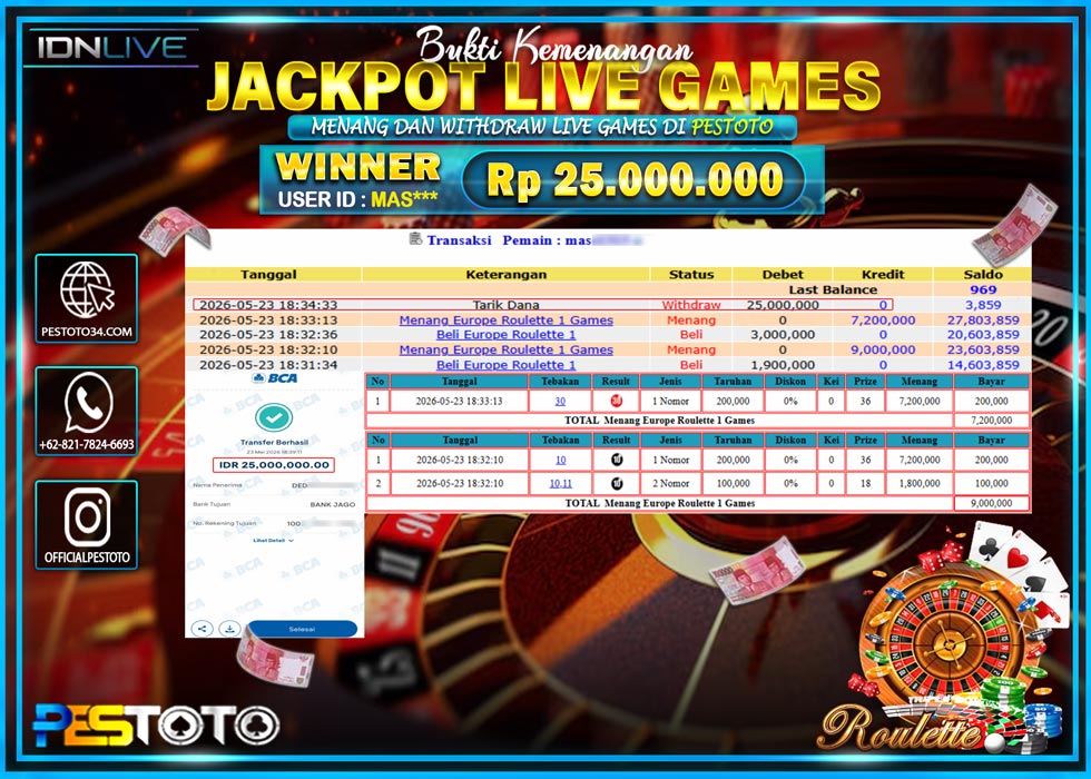HANYA DI PESTOTO JP PASTI DI BAYAR LUNAS DAN CEPAT!! JP LIVE GAMES {  ROULETTE }  Rp 25.000.000 !!!
