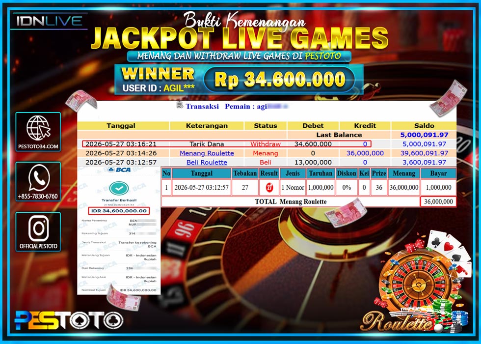 HANYA DI PESTOTO JP PASTI DI BAYAR LUNAS DAN CEPAT!! JP LIVE GAMES { ROULETTE } RP  34.600.000 !!!