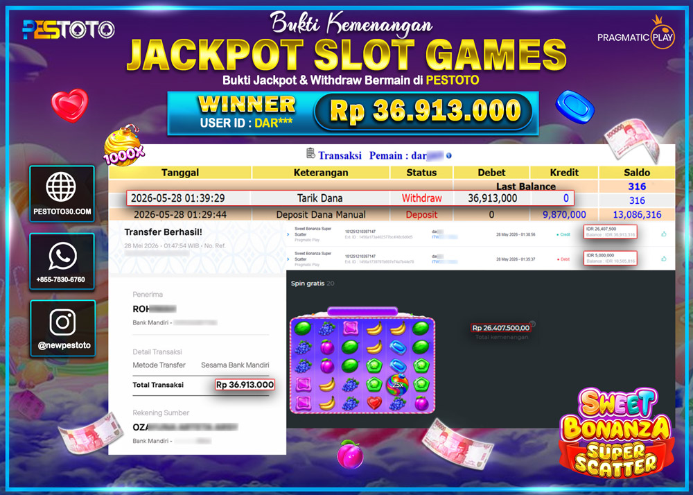 HANYA DI PESTOTO JP PASTI DI BAYAR LUNAS DAN CEPAT!! JP SLOT GAMES { SWEET BONANZA SUPER SCATTER } RP  36.913.000 !!!