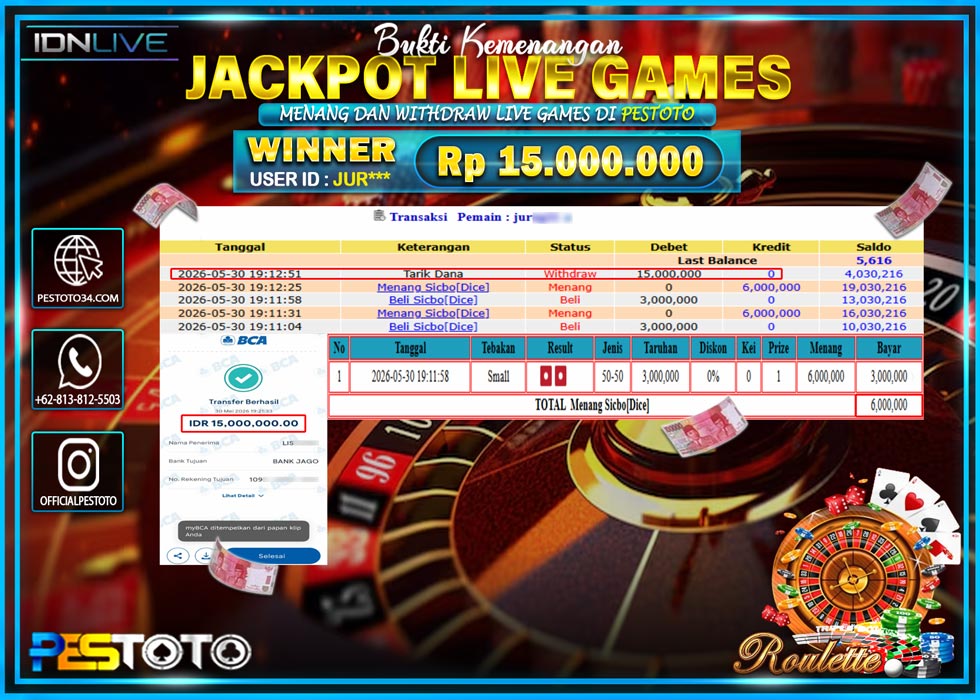 HANYA DI PESTOTO JP PASTI DI BAYAR LUNAS DAN CEPAT!! JP LIVE GAMES {  ROULETTE } RP  15.000.000 !!!