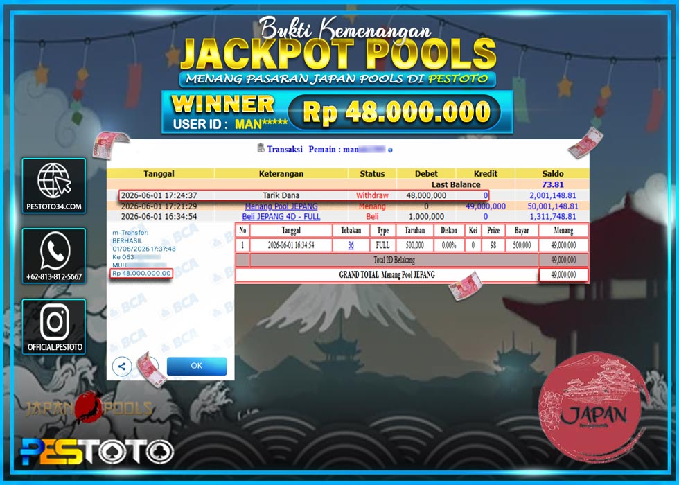 HANYA DI PESTOTO JP PASTI DI BAYAR LUNAS DAN CEPAT!! JP TOGEL{ JAPAN POOLS } RP  48.000.000 !!!