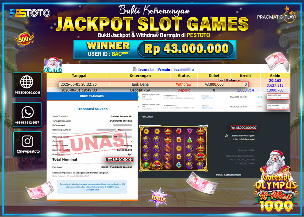HANYA DI PESTOTO JP PASTI DI BAYAR LUNAS DAN CEPAT!! JP SLOT GAMES { GATES OF OLYMPUS X-MAS 1000 } RP 43.000.000 !!!