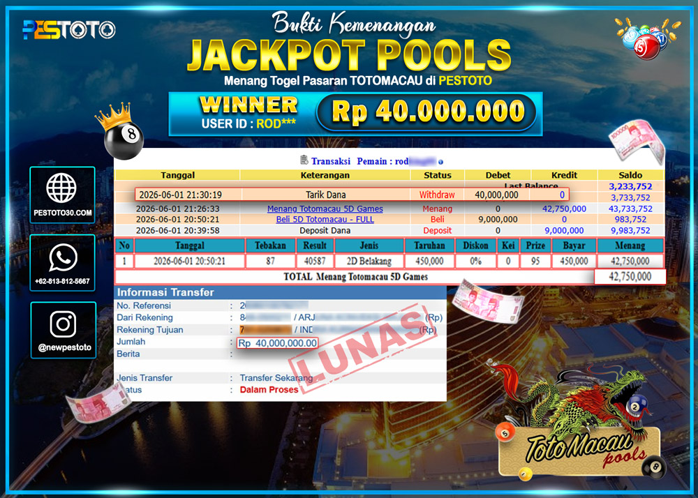 HANYA DI PESTOTO JP PASTI DI BAYAR LUNAS DAN CEPAT!! JP TOGEL {  TOTOMACAU 5D GAMES } RP 40.000.000 !!!