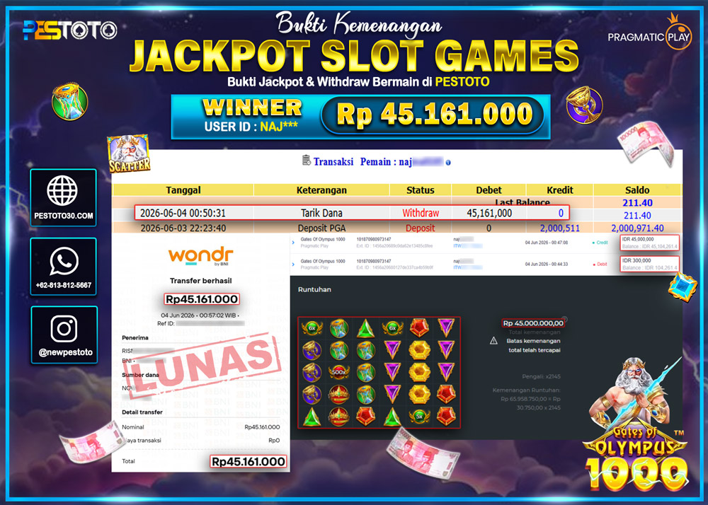 HANYA DI PESTOTO JP PASTI DI BAYAR LUNAS DAN CEPAT!! JP SLOT GAMES { GATES OF OLYMPUS 1000 } RP 45.161.000 !!!