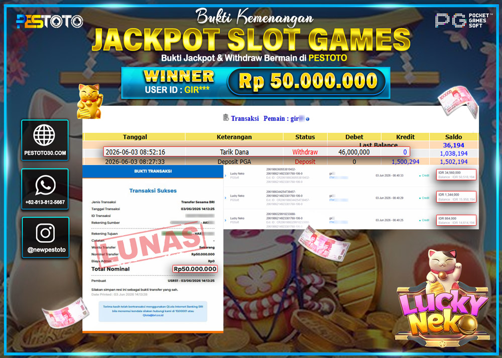 HANYA DI PESTOTO JP PASTI DI BAYAR LUNAS DAN CEPAT!! JP SLOT GAMES { LUCKY NECKO } RP 50.000.000 !!!