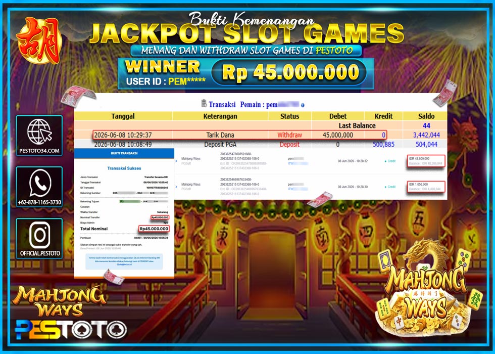 HANYA DI PESTOTO JP PASTI DI BAYAR LUNAS DAN CEPAT!! SLOT GAMES { MAHJONG WAYS } RP 45.000.000!!!
