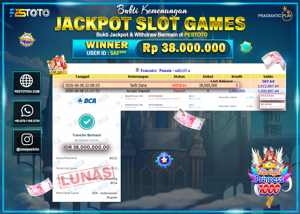 HANYA DI PESTOTO JP PASTI DI BAYAR LUNAS DAN CEPAT!! SLOT GAMES { STARLIGHT PRINCESS 1000 } RP 38.000.000!!!