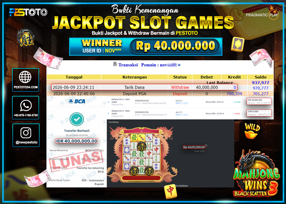 HANYA DI PESTOTO JP PASTI DI BAYAR LUNAS DAN CEPAT!! SLOT GAMES { MAHJONG WINS 3 BLACK SCATTER } RP 40.000.000!!!