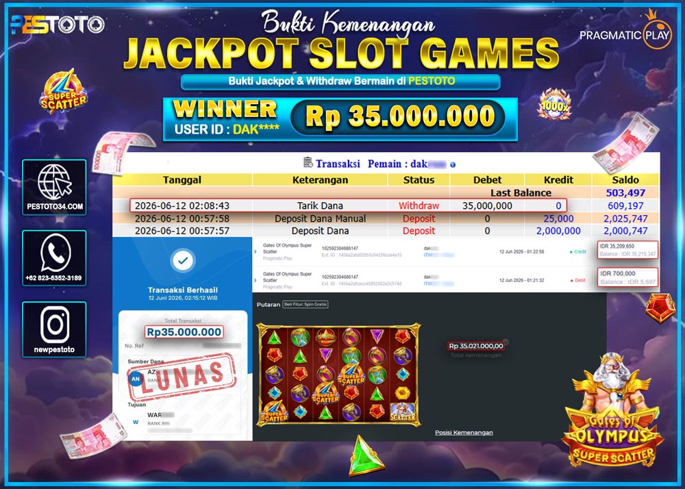 HANYA DI PESTOTO JP PASTI DI BAYAR LUNAS DAN CEPAT!! JP SLOT GAMES { GATES OF OLYMPUS SUPER SCATTER } RP 35.000.000!!!