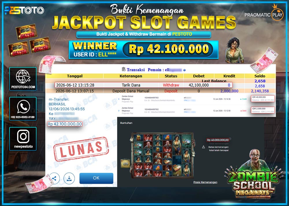 HANYA DI PESTOTO JP PASTI DI BAYAR LUNAS DAN CEPAT!! JP SLOT GAMES { ZOMBIE SCHOOL MEGAWAYS } RP 42.100.000 !!!