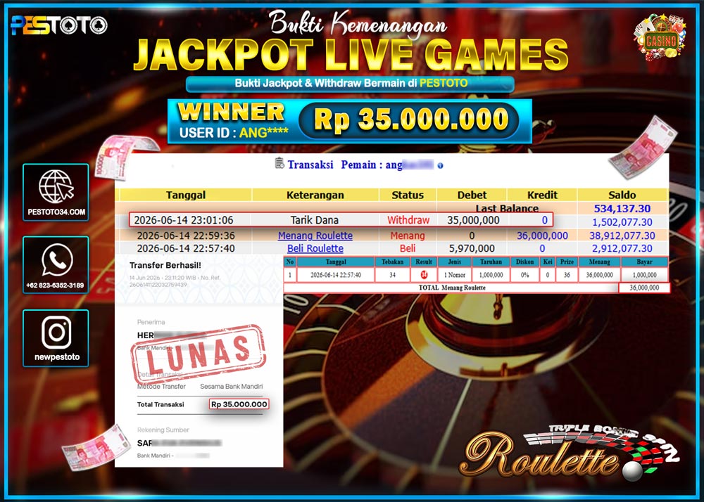 HANYA DI PESTOTO JP PASTI DI BAYAR LUNAS DAN CEPAT!! JP LIVE GAMES { ROULETTE } RP 35.000.000 !!!